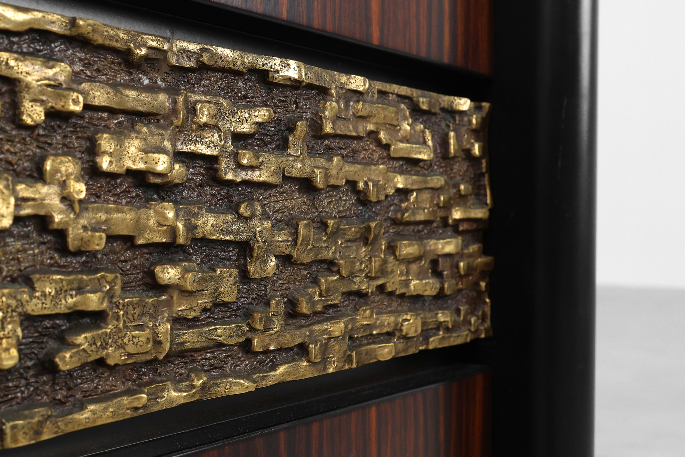Sculptural wood and Brutalist Brass Credenza by Luciano Frigerio, Italy 1970sthumbnail